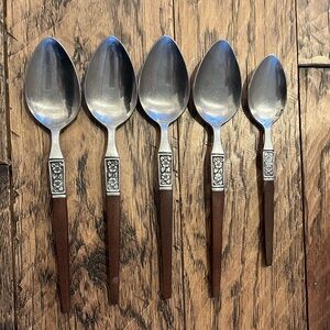 Vintage Ekco Eterna Flower Wood Handle Japan Spoons (5)